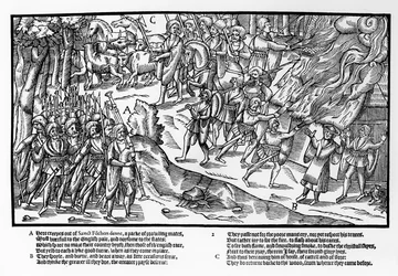 Une compagnie armée du kerne, portant des hallebardes et des piques et dirigée par un joueur de cornemuse, attaque et brûle une ferme et chasse les chevaux et le bétail, planche 2 de "The Image of Ireland" de John Derricke.