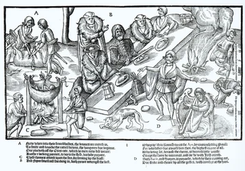 Chef des Mac Sweynes assis à table et diverti par un barde et un harpiste, planche 3 de "The Image of Ireland" de John Derricke