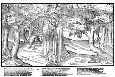 Rorie Oge, kerne sauvage et rebelle vaincu, dans la forêt avec des loups pour compagnie, planche 11 de "The Image of Ireland" de John Derricke.