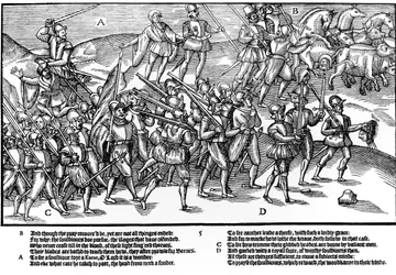 Les soldats anglais reviennent en triomphe, portant des têtes irlandaises coupées et menant un captif par le licou, planche 5 de "The Image of Ireland" de John Derricke.