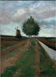Moulin et route avec des bouleaux
