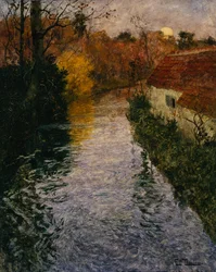 Paysage fluvial avec un cottage en automne