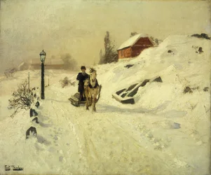 Un traîneau tiré par des chevaux dans un paysage d