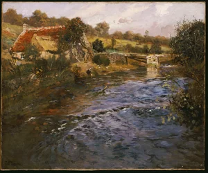 Paysage fluvial avec une blanchisseuse