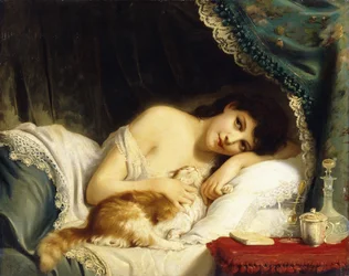 Une beauté allongée avec son chat