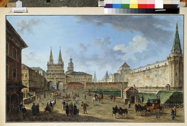 Moscou, vue de la porte de la Résurrection sur la Place rouge