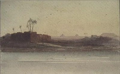 Première vue des pyramides depuis le Nil près du Caire