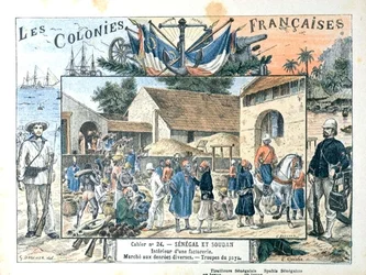Couverture de livre scolaire représentant des scènes dans les colonies françaises du Sénégal et du Soudan, fin du XIXe siècle