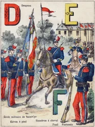 Lettres D E F : Drapeau, École militaire de Saint-Cyr (Saint Cyr), Élèves à pied, Escadron à cheval, Fusil et Fantassin, vers 1900
