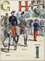 Lettres G H I : Général, Hussard et Instructeur. Gravure dans « Alphabet militaire », série Grand-Bébé. Gravure. Imagerie de Pont-à-Mousson. Louis Vagne, Imprimeur-Éditeur, vers 1900. Illustrations par G. Dascher