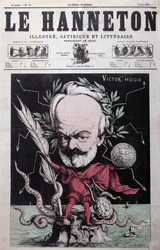 Caricature de Victor Hugo (1802-85) en Zeus exilé à Guernesey, de la couverture du Hanneton, juin 1867
