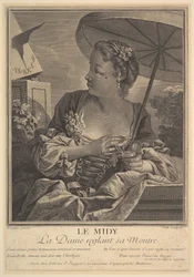 Midi. Une dame réglant sa montre