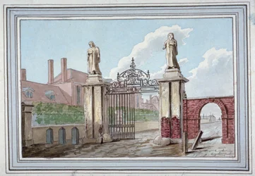 Entrée des hospices des merciers dans Pitfield Street, Shoreditch, Londres, vers 1830