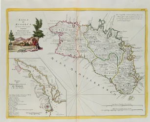 Île de Minorque et plan du port et de la ville de Mahon et de ses forts, gravure de G. Zuliani tirée du Tome I du "Nouvel Atlas" publié à Venise en 1778 par Antonio Zatta, Collection Privée