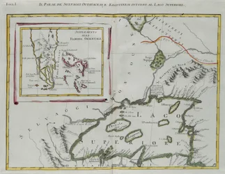 Terre des Indiens Ottawa et Kilistine autour du lac Supérieur et un supplément de la Floride orientale, gravure de G. Zuliani tirée du Tome I du "Nouvel Atlas" publié à Venise en 1778 par Antonio Zatta, Collection privée