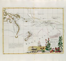 Nouvelles découvertes faites en 1775, 67 et 69 dans les mers du Sud, gravure par G. Zuliani tirée du Tome I du Nouvel Atlas publié à Venise en 1776 par Antonio Zatta, Collection Privée