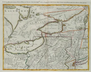 Pennsylvanie, New York, sud du New Jersey, avec la partie occidentale du Connecticut, de la baie du Massachusetts et Terre des Iroquois, gravure de G. Zuliani tirée du Tome I du "Nouvel Atlas" publié à Venise en 1778 par Antonio Zatta, Collection Privée