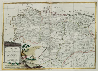 Les Royaumes de Galice, Asturies, Léon, Castilla Vieja avec le Conseil de Biscallia, gravure par G. Zuliani tirée du Tome I du Nouvel Atlas publié à Venise en 1776 par Antonio Zatta, Collection Privée