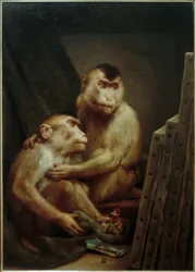 Singes regardant des peintures