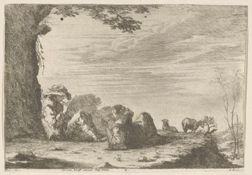 Bergers faisant de la musique avec des moutons dans un paysage rustique