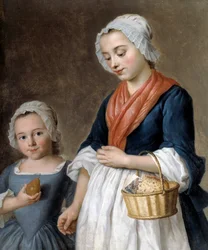 Petite fille conduisant en classe Une mère tenant le goût de sa petite fille dans un panier (détail)