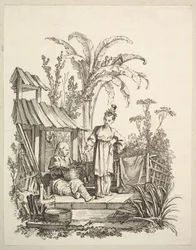 Un homme chinois assis et une femme portant un poisson, vers 1742