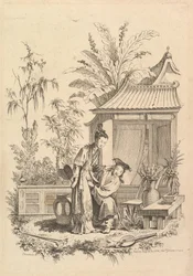 Scène de chinoiserie avec des personnages dans un paysage