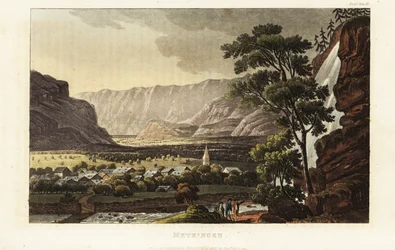Vue de la ville de Meiringen et des chutes de Reichenbach, Canton de Berne, Suisse