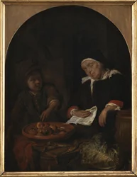 Une femme vendant des fruits et des harengs