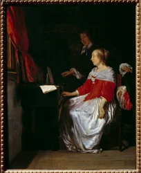 La leçon de virginal. Peinture de Gabriel Metsu (1629-1667), ec. holl.