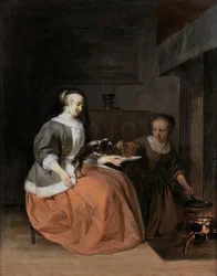 Jeune femme et servante donnant une crêpe à un chien