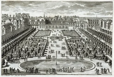 Vue du Parc du Palais Royal à Paris. Gravure par Perelle, fin 17e siècle