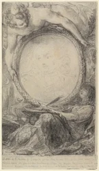 Cadre allégorique avec un génie et une femme voilée écrivant, vers 1769 (craie noire sur papier)