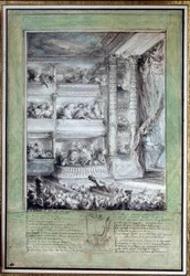 Le couronnement de Voltaire (1694-1778) à la Comédie-Française le 12/04/1778. Dimensions : 0,35 x 0,24 m. Paris, musée du Louvre