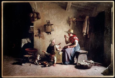 Nourrir bebe. Peinture de Gaetano Chierici (1838-1921). Huile sur toile. Collection privee.