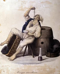 Napolitain mangeant des macaronis. Lithographie de Dura