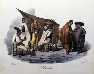 Petit métier de la ville de Naples : un barbier ambulant bavardant dans la rue. Lithographie de G. Dura