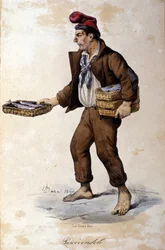 Petits métiers de Naples : le vendeur de poissons. Lithographie de F. Dura