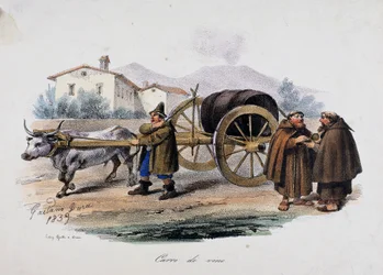 Chariot transportant un tonneau de vin