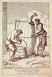 Tonneliers au travail, gravure de Gaetano Gherardo Zompini, Les arts de la vie quotidienne dans la ville de Venise, Italie