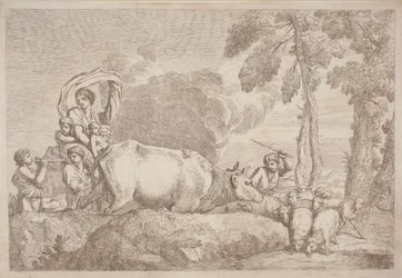 Une femme avec deux enfants à cheval