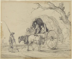 Garçon, chevaux et une charrette