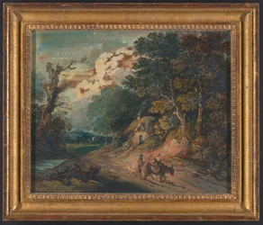 Paysage : Figure montant un âne