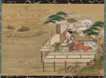 Murasaki Shikibu composant le Conte de Genji à Ishiyamadera, période Edo, 19ème siècle