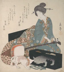 Femme accordant un shamisen et un chat regardant son propre reflet, milieu des années 1820