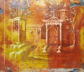 Art romain : paysage architectural avec temple et portail sacré de la Villa des Papyrus (fresque)