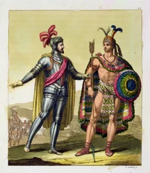 La rencontre entre Hernando Cortes (1485-1547) et Montezuma II (1466-1520), de 