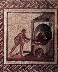 Art gallo-romain : pavement en mosaïque représentant un calendrier rustique. Scène de fabrication de pain. Fin IIe, début IIIe siècle après J.-C. De Saint-Romain-en-Gal (Rhône). Saint-Germain-en-Laye, Musée National d