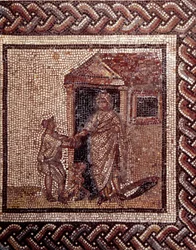 Art gallo-romain : pavement en mosaïque représentant un calendrier rustique. Scène de fête. Fin du IIe, début du IIIe siècle après J.-C. Provenant de Saint-Romain-en-Gal (Rhône). Saint-Germain-en-Laye, Musée d