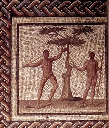 Art gallo-romain : pavement en mosaïque représentant un calendrier rustique. Fête des moissonneurs. Fin du IIe, début du IIIe siècle après J.-C. Provenant de Saint-Romain-en-Gal (Rhône). Saint-Germain-en-Laye, Musée d